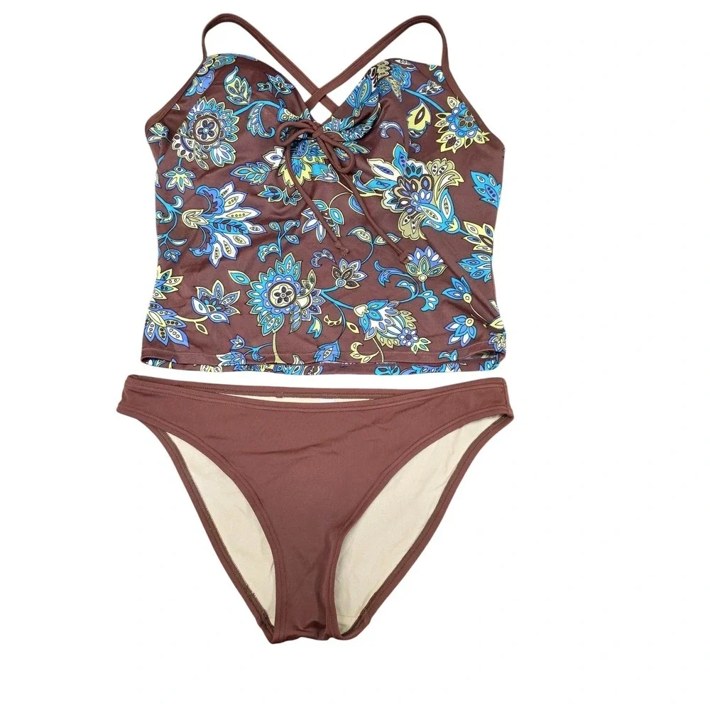Victoria's Secret Swimsuit 34D Chocolate Brown Floral Tankini Bikini Set Padded